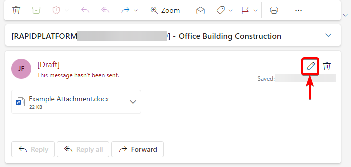 A screenshot showing how to edit the draft email that is generated. The screenshot is annotated by a red arrow that points to a red box. Inside the red box is the Edit Email button. These annotations are to highlight the location of the button.